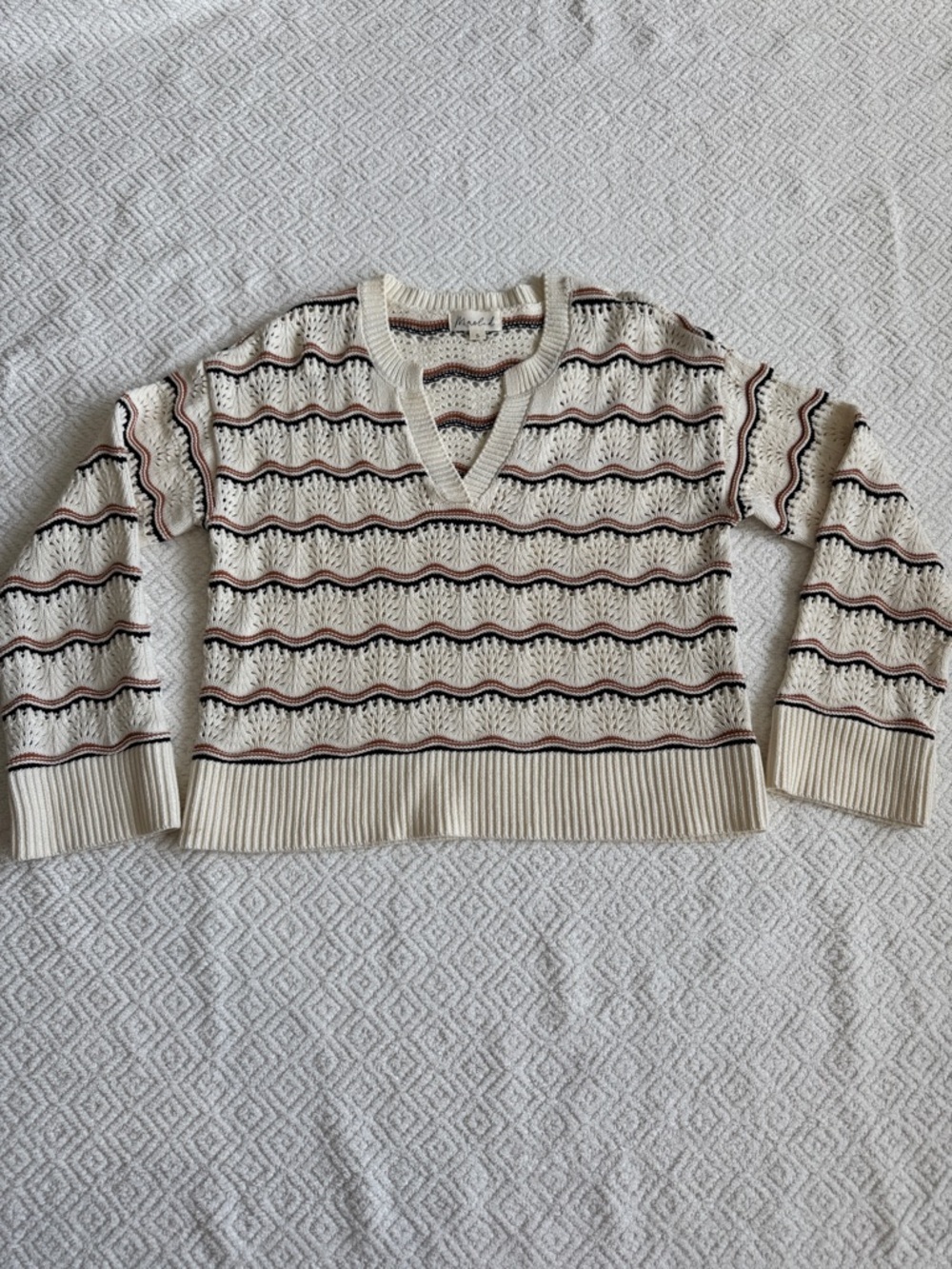Marled Cream V-Neck Sweater with Brown and Black Stripes